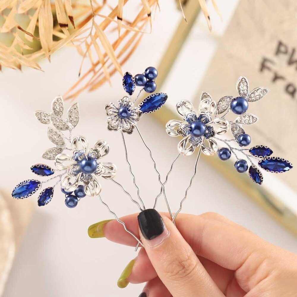 Wedding Hair Pins Silver Pearl Crystal Flower Hair Accessories for Women Girls P